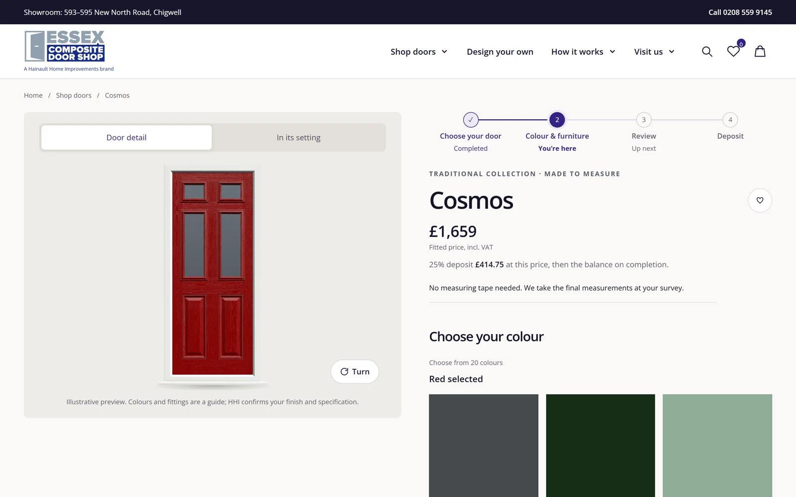 A door page on the Essex Composite Door Shop: the Cosmos door at £1,659 fitted, a 25% deposit, and its colour choices.